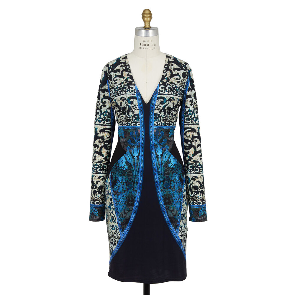 Roberto Cavalli - Blue Jersey Print Long Sleeve V-Neck Dress