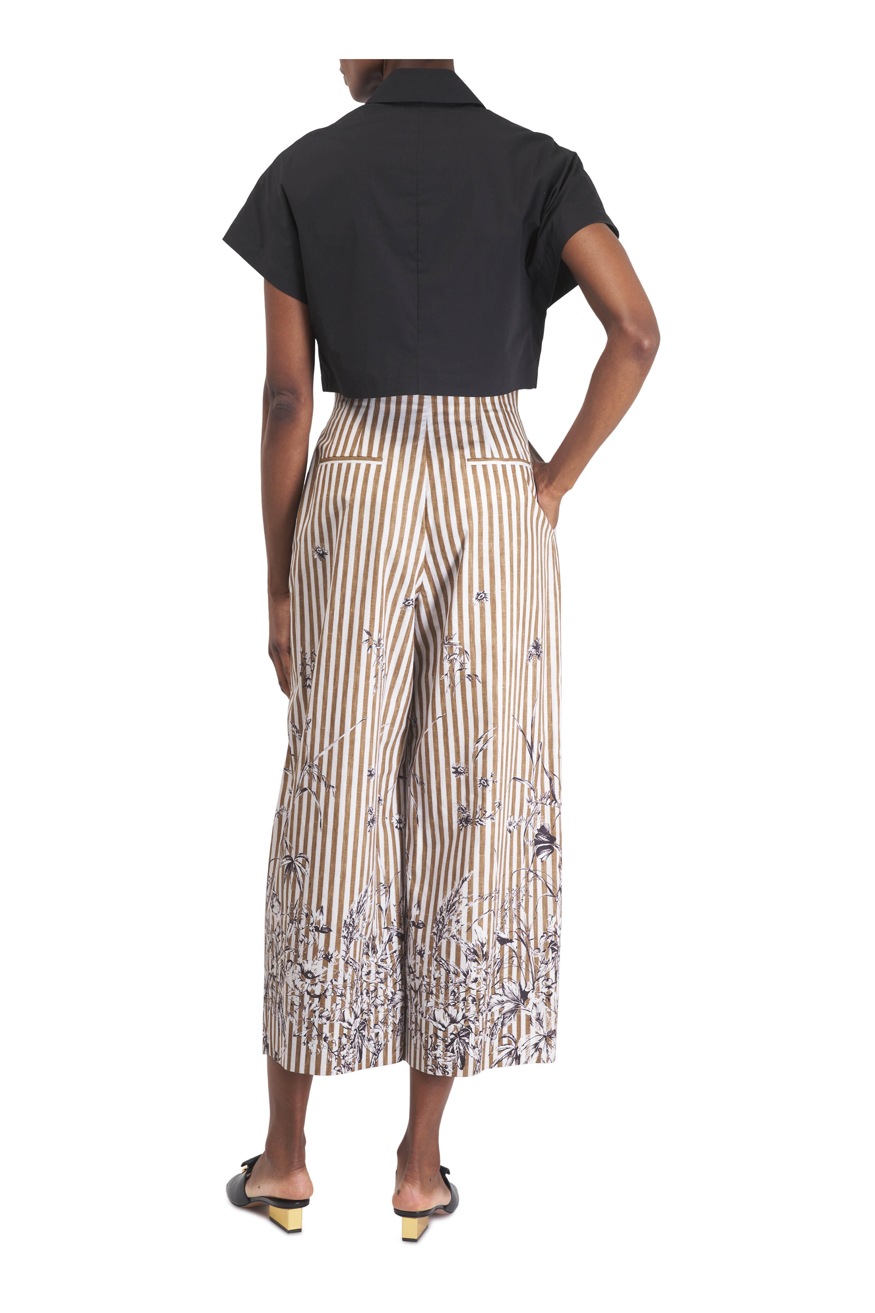 Lela Rose - Walnut Printed Floral Poplin Stripe Wide Leg Pant