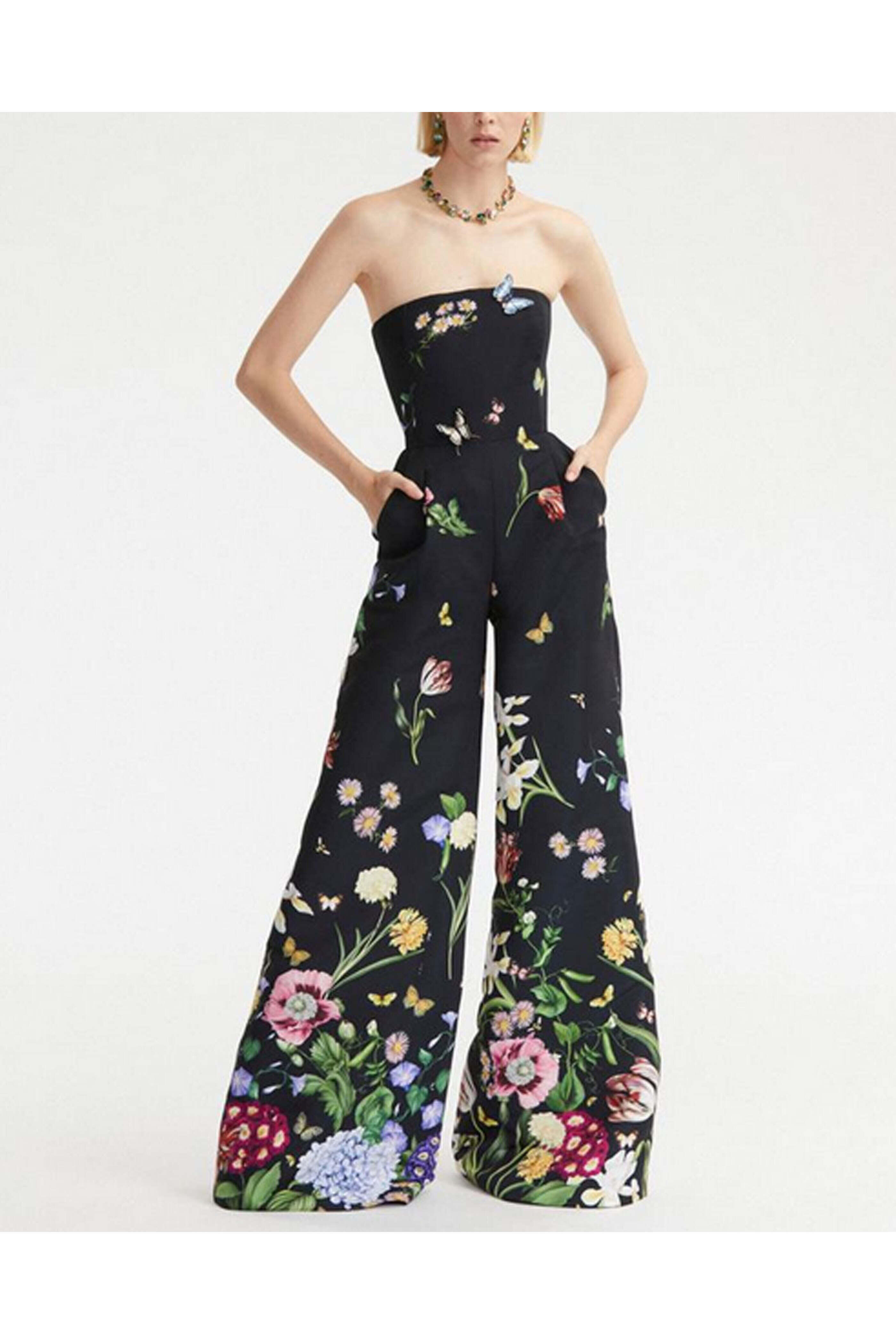 Oscar de la Renta - Navy Floral Strapless Faille Jumpsuit