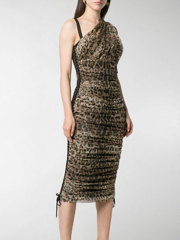 Leopard Print One-Shoulder Bustier Ruched Dress