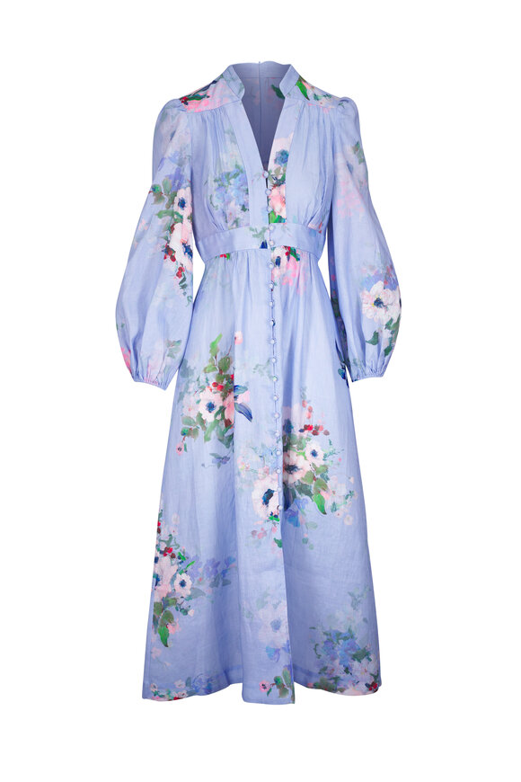 Zimmermann Everley Light Blue Watercolor Floral Midi Dress