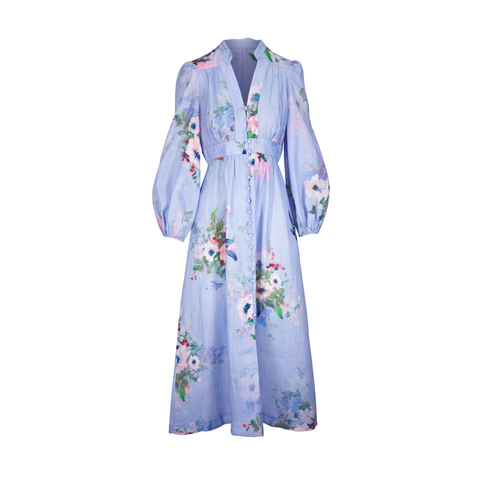 Zimmermann - Everley Light Blue Watercolor Floral Midi Dress