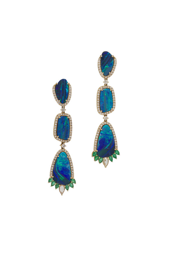 Kai Linz Blue Opal, Diamond & Emerald Drop Earrings