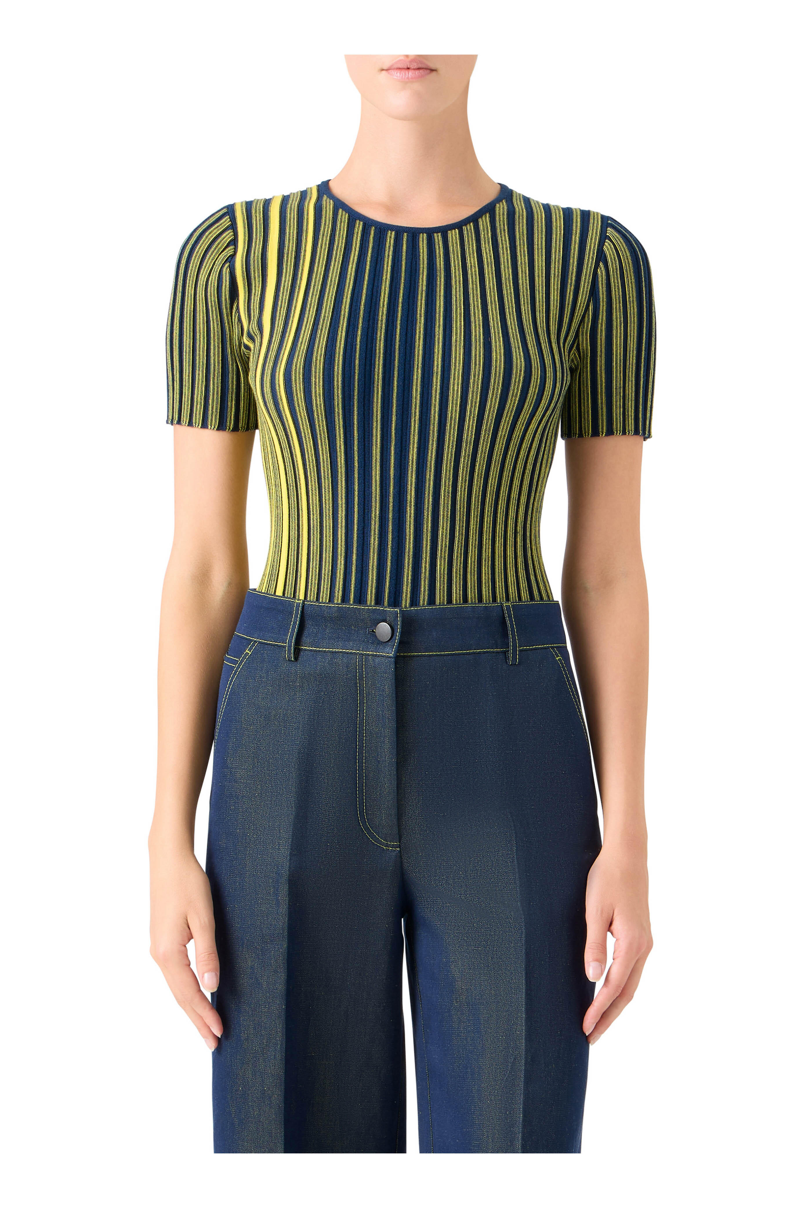 Akris Punto - Cobalt Blue Stripe Rib Knit Short-Sleeve Sweater - view 2