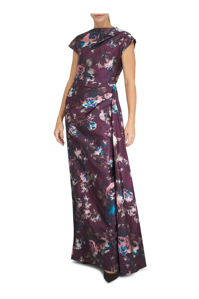 Designer outfit featuring Burgundy Textured Satin Draped Gown and Mayfair Crystal Suede Pump, 95mm