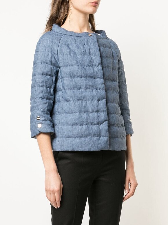 Herno - Blue Linen Three-Quarter Sleeve Puffer Jacket