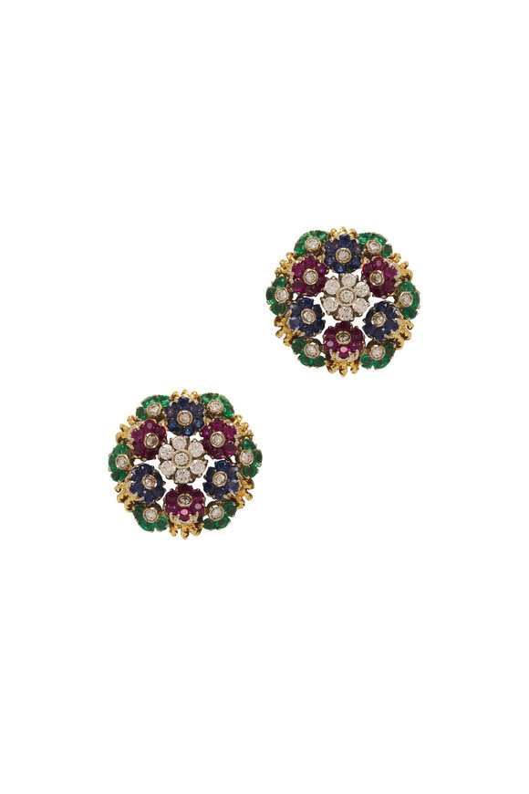 Estate Jewelry - Vintage Flower Gem Set Earrings