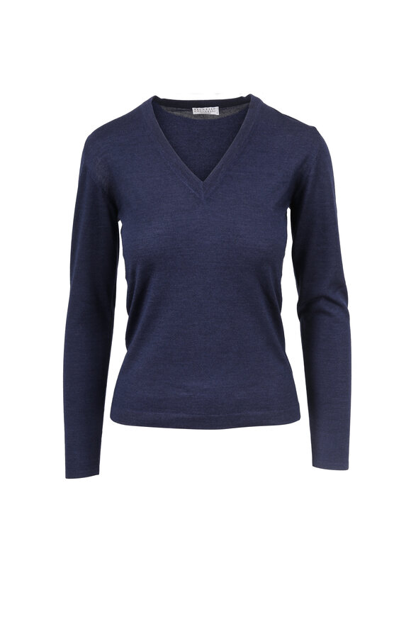 Brunello Cucinelli - Deep Blue Cashmere & Silk V-Neck Sweater