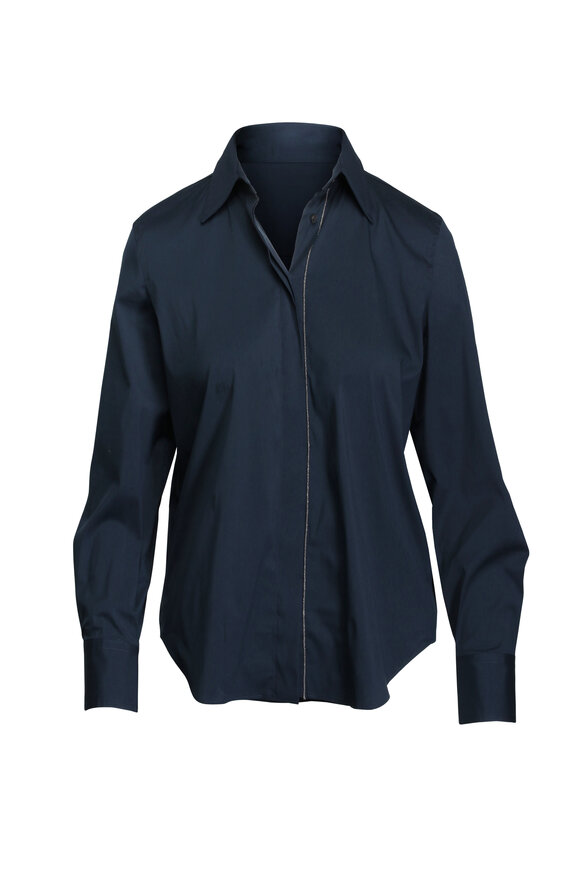 Brunello Cucinelli Navy Stretch Poplin Button Down Blouse - view 1