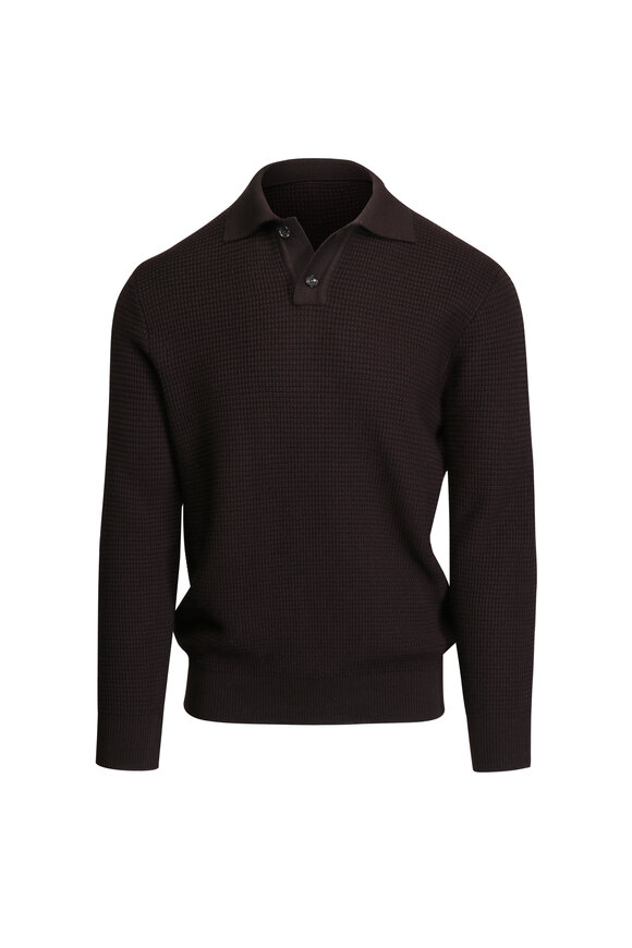 Isaia Dark Brown Waffle Knit Polo Sweater - view 1