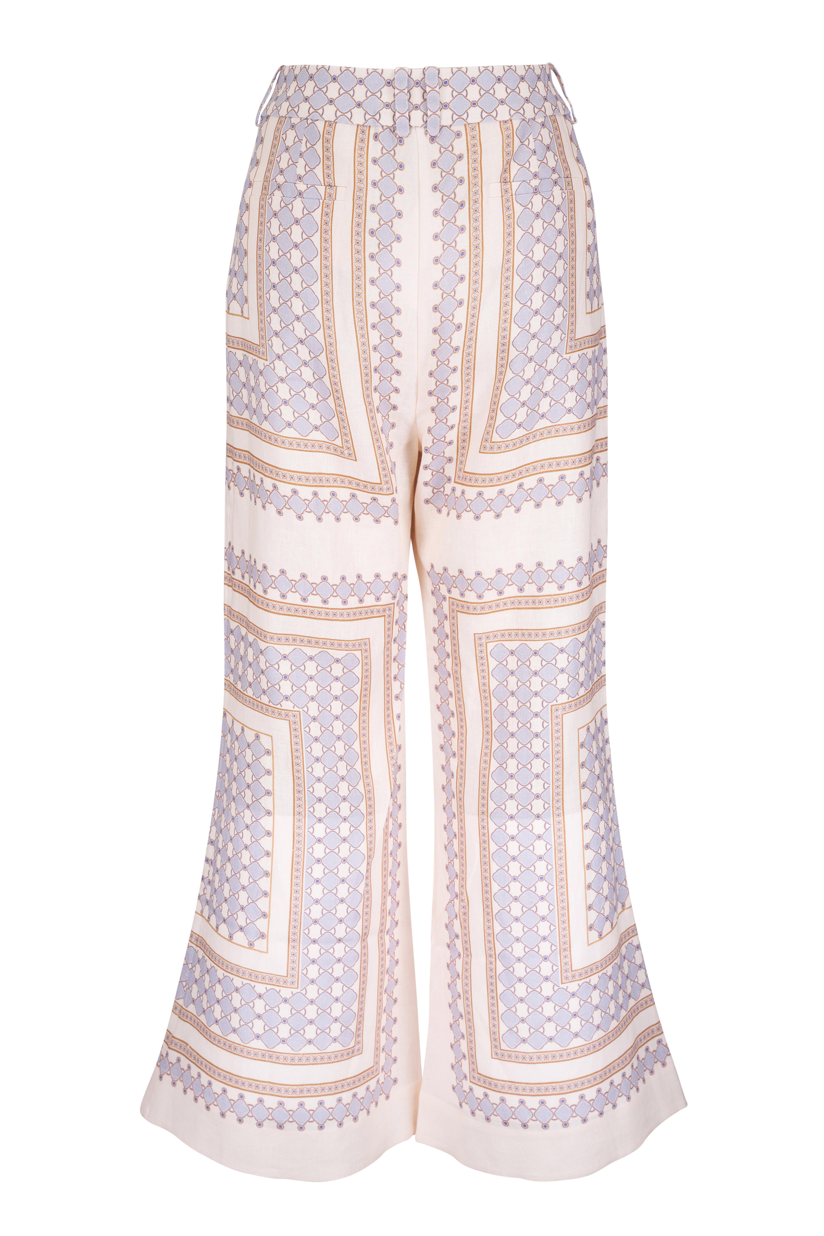 Zimmermann - Cream Navy Geo Cropped Flare Linen Pant