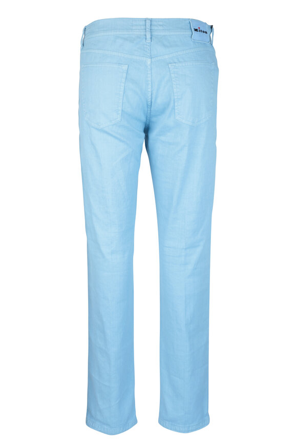 Kiton - Light Blue Tonal Herringbone Five Pocket Pant 