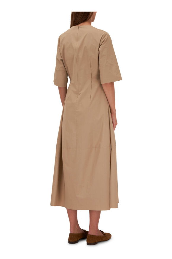 Antonelli - Dark Tan V-Neck Stretch Cotton Fit & Flare Dress 