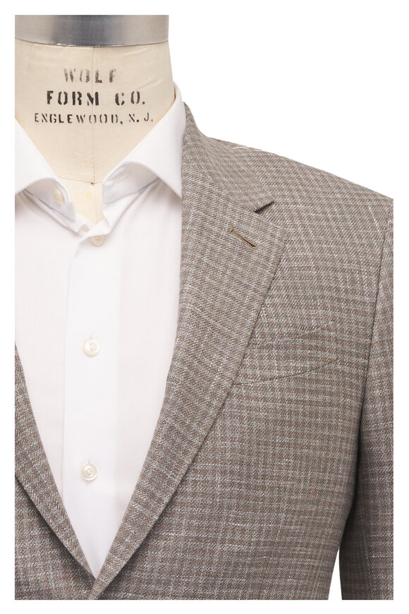 Zegna Taupe Plaid Linen, Silk & Wool Crossover Sportcoat