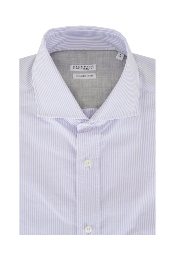 Brunello Cucinelli White & Lavender Stripe Cotton Sport Shirt