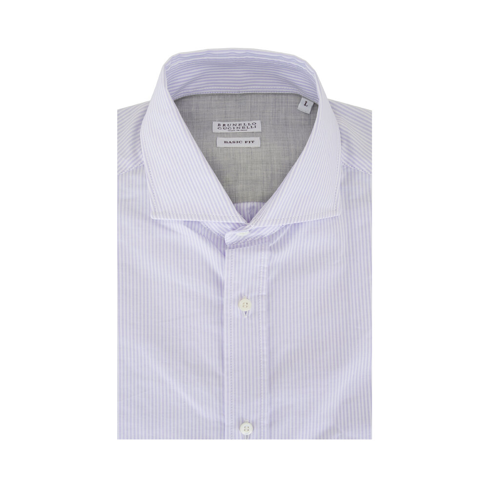 Brunello Cucinelli - White & Lavender Stripe Cotton Sport Shirt