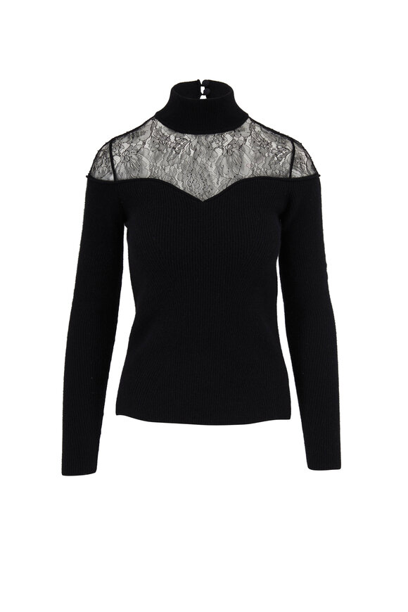 Fendi - Black Wool & Cashmere Lace Mockneck Sweater