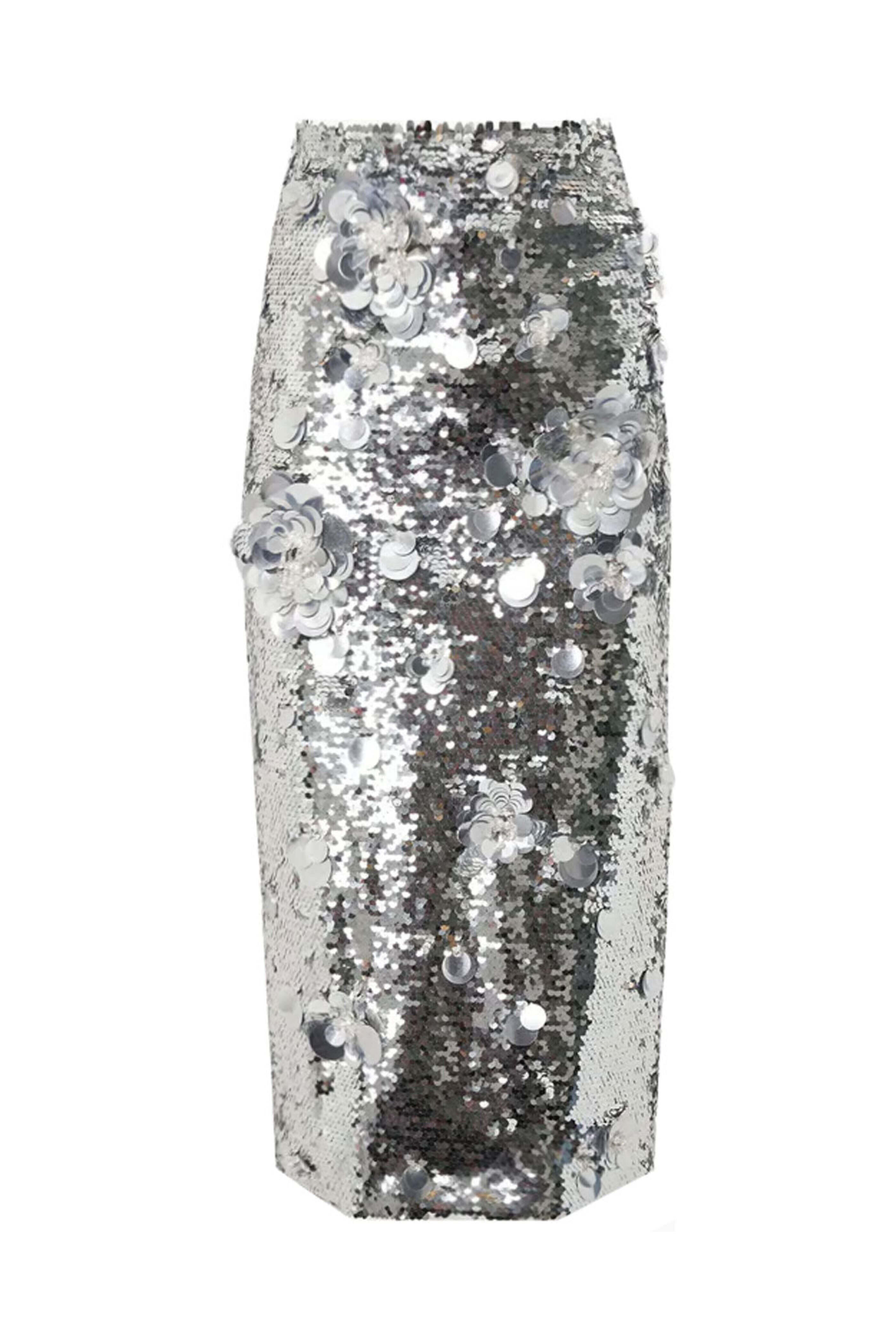 Carolina Herrera - Silver Sequin Embroidered Midi Skirt