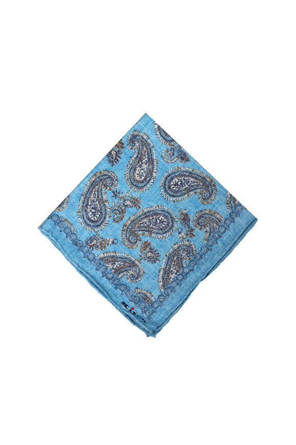 Kiton Light Blue Paisley Print Pocket Square - view 1