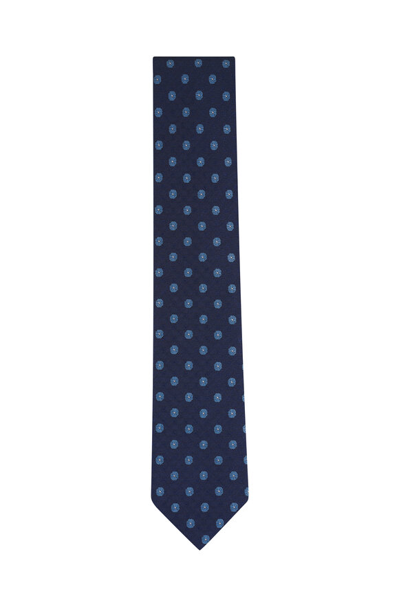 Eton Dark Blue Floral Woven Shantung Silk Tie - view 1