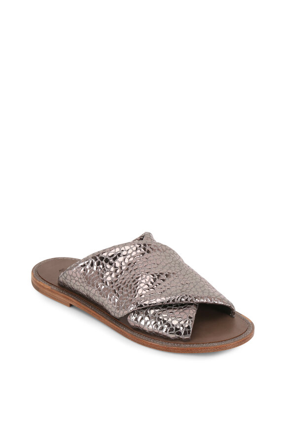 Brunello Cucinelli - Gray Metallic Textured Leather Criss-Cross Sandal
