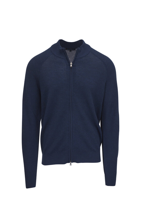 Patrick Assaraf Cosmo Blue Wool Seed Stitch Full Zip Cardigan