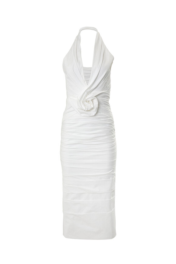 Carolina Herrera - White Halter Twisted Flower Ruched Midi Dress 