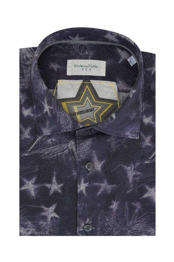 Tintoria Navy Abstract Star Print Cotton Sport Shirt 