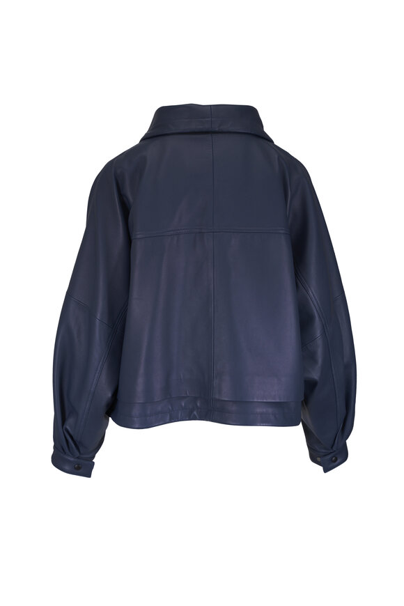 Loewe Dark Navy Leather High Collar Drawstring Jacket - view 3