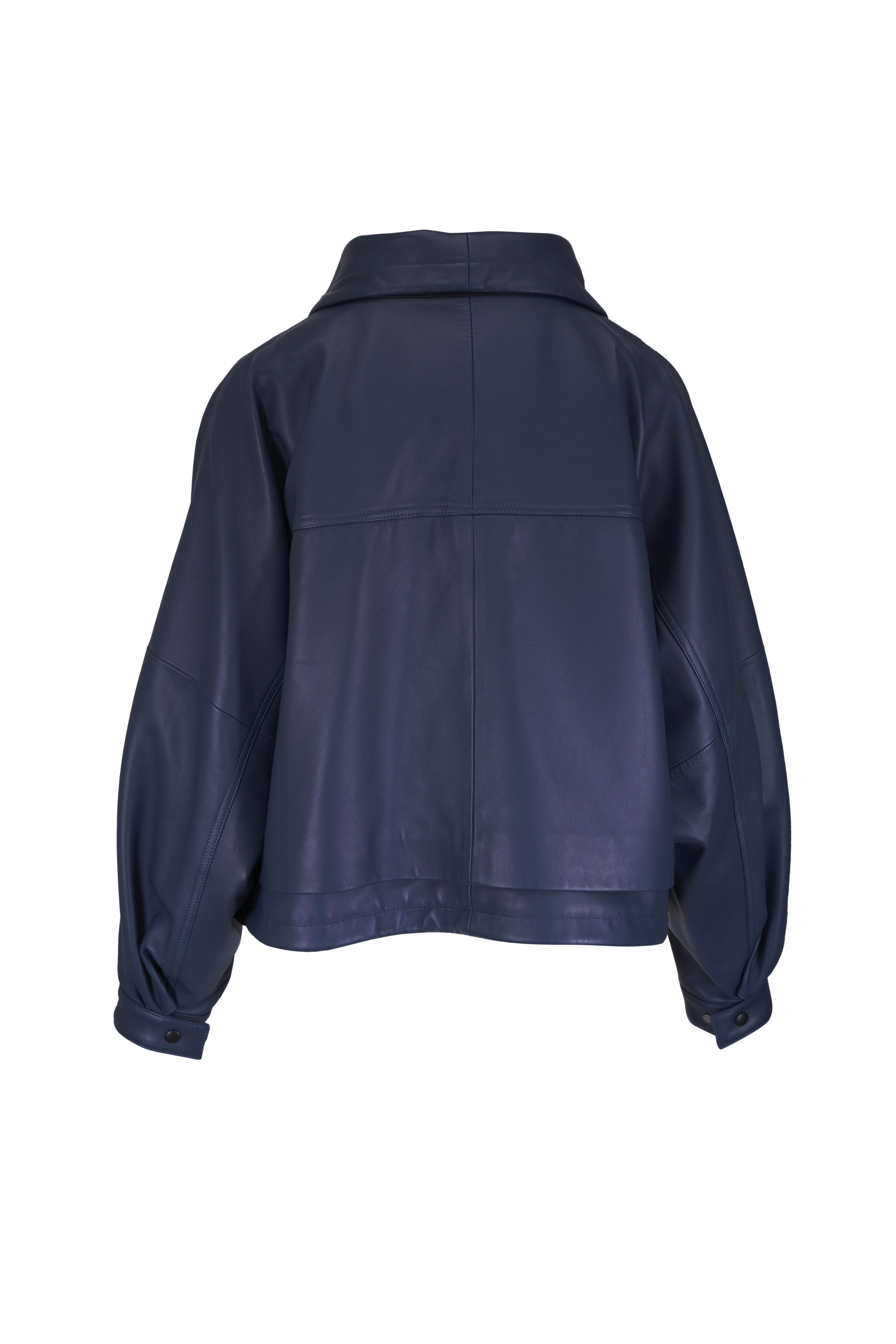 Loewe - High Collar Dark Navy Leather Drawstring Jacket - view 2
