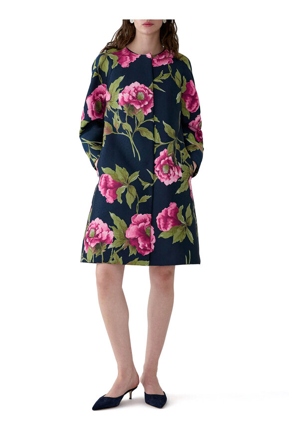 Carolina Herrera Peony Print Multicolor Jacquard Cocoon Coat - view 2
