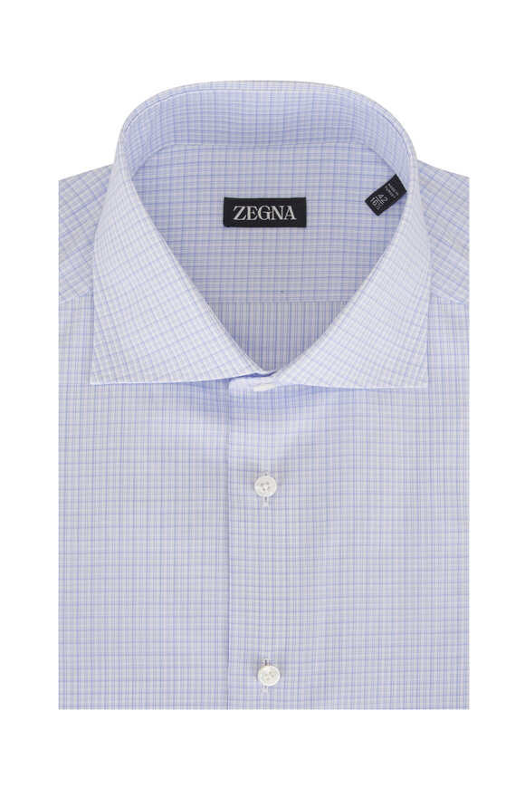 Zegna Blue Micro Check Cotton Dress Shirt - view 1