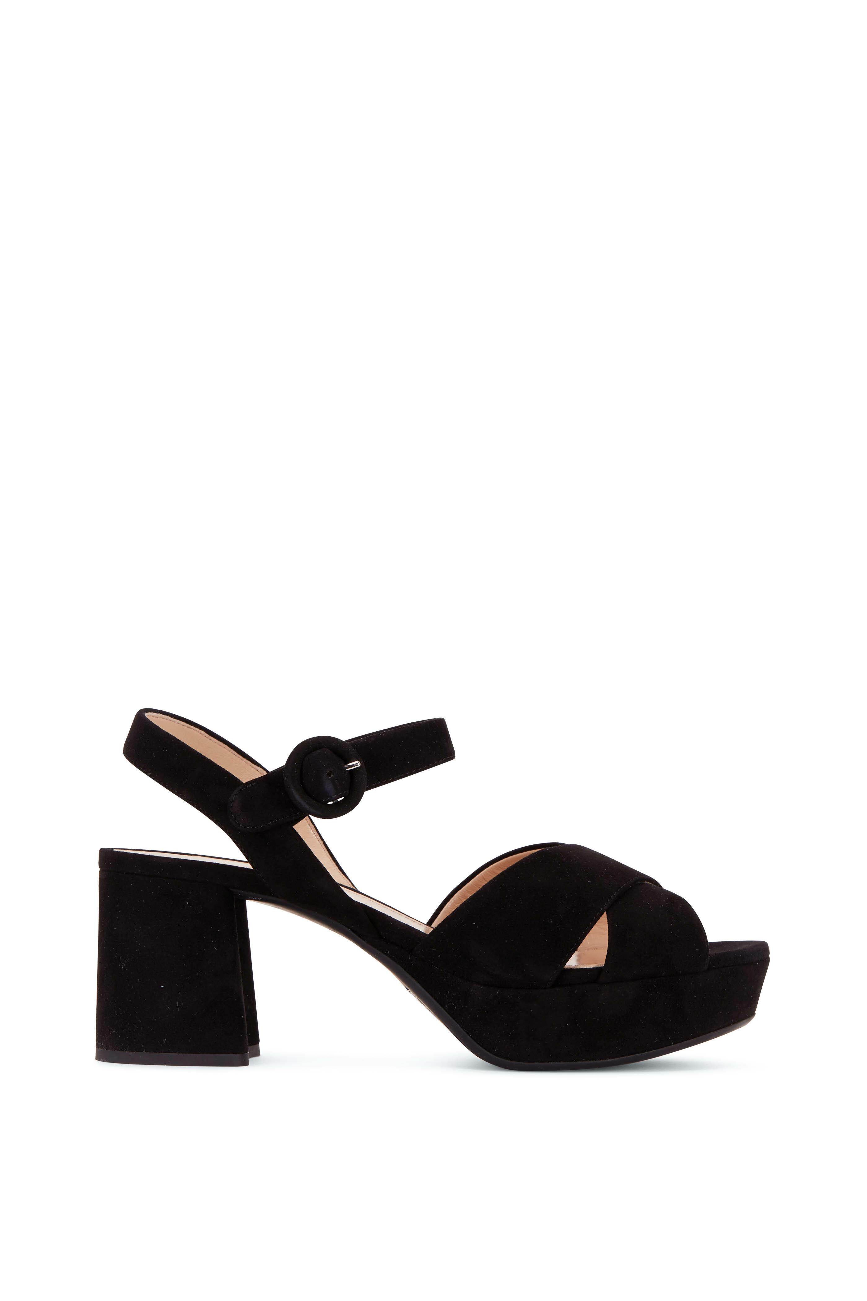 サンダル・ミュール Prada Black Suede Sandals Prada - Plateau Black Patent Leather Platform Sandal, 65mm