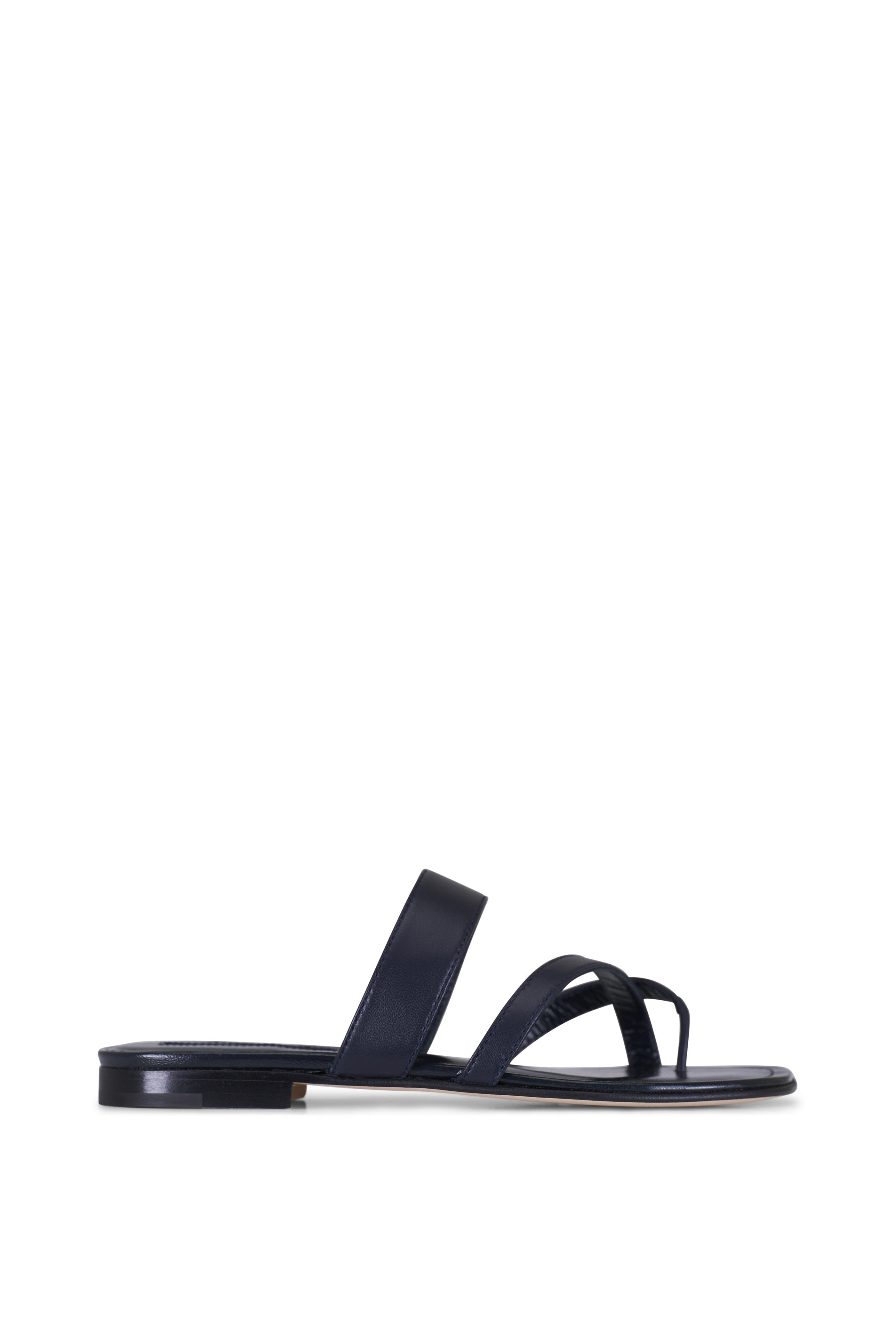 Manolo Blahnik - Susa Navy Leather Flat Sandal