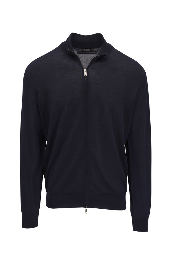 Zegna High Performance Navy Blue Wool Full Zip Cardigan 