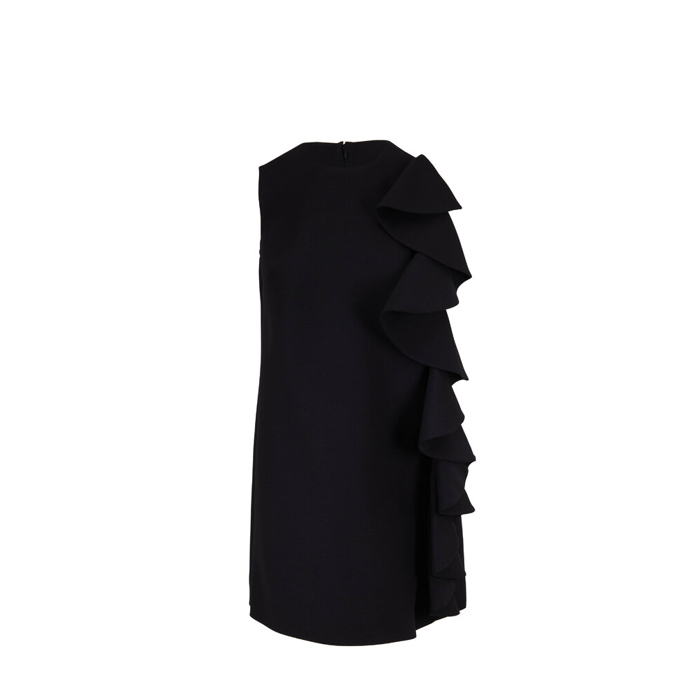 Valentino - Black Wool & Silk Ruffle Overlay Shift Dress