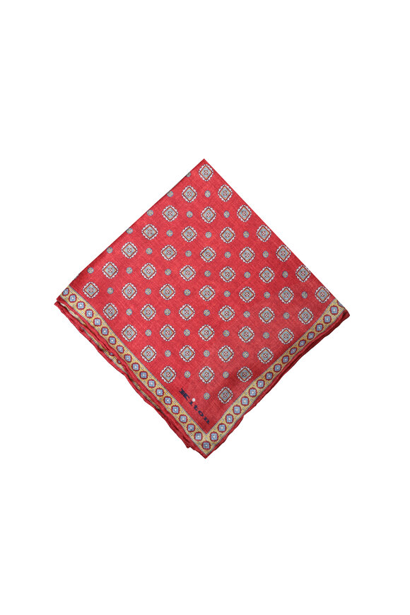 Kiton Red Medallion Print Silk Pocket Square - view 1