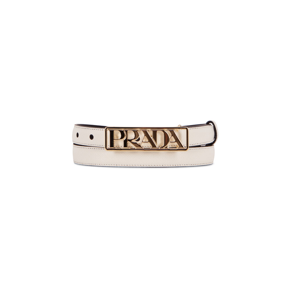 Prada - White Saffiano Gold Logo Waist Belt | Mitchell Stores
