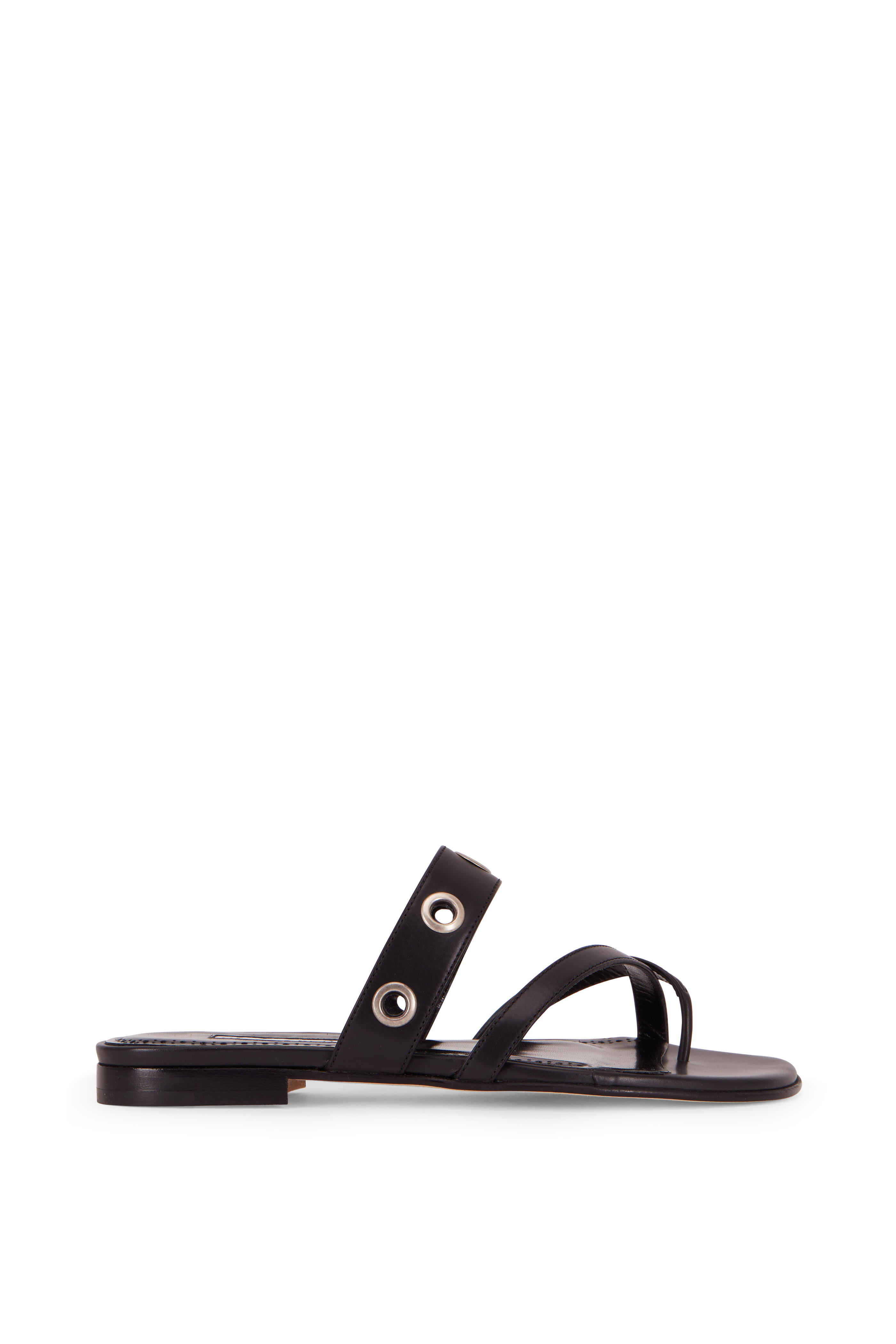 Manolo Blahnik - Susa Black Leather Grommet Toe Ring Flat Sandal