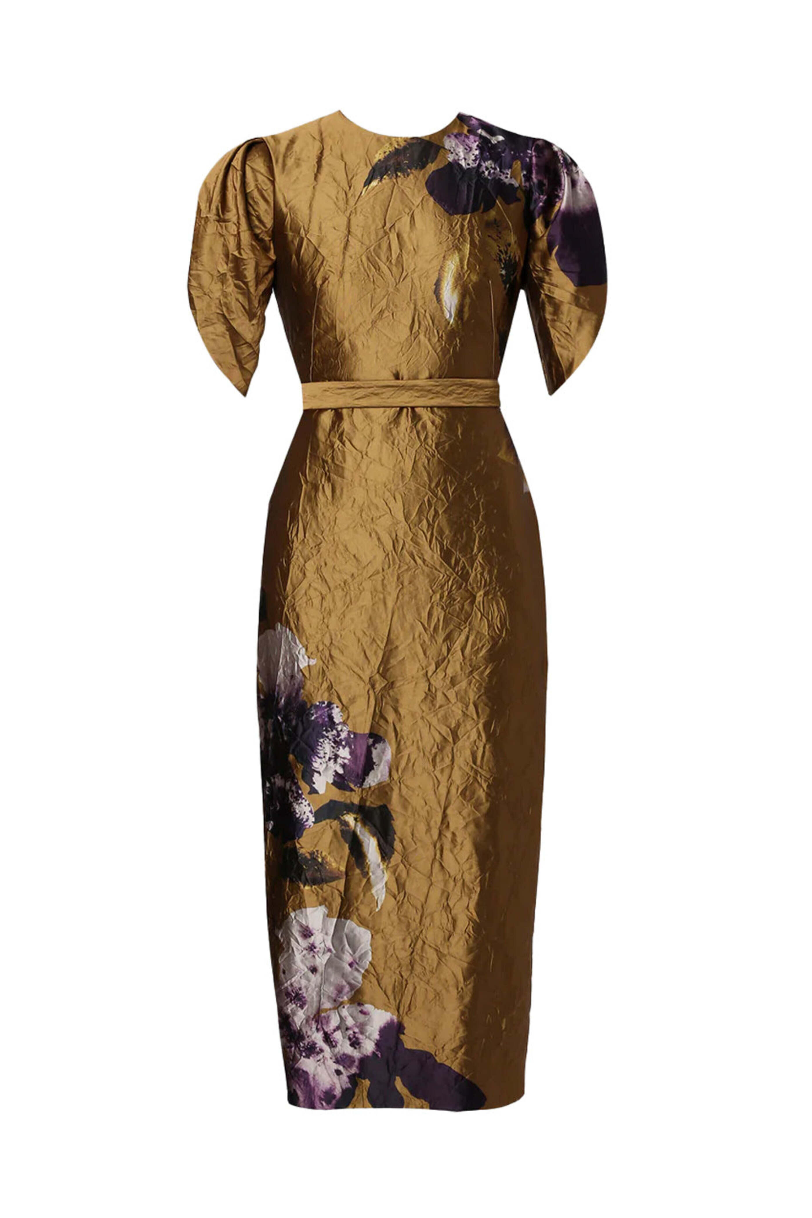 gold belted dress Look 6 One Sleeve Belted Maxi Dress Gold Shimmer