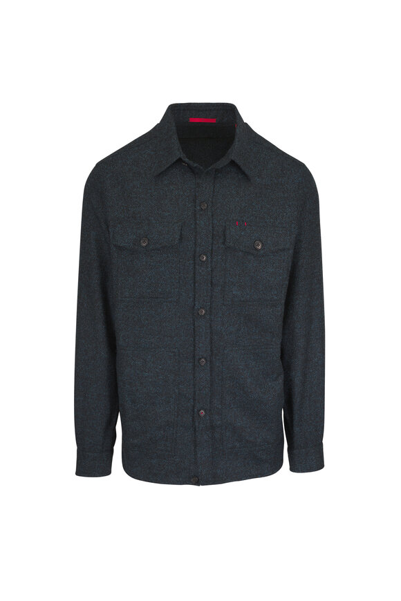 Isaia Teal Blue Boucle Overshirt - view 1