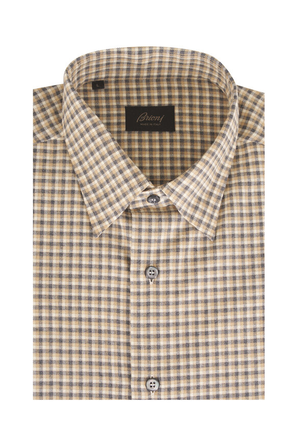 Brioni Brown & Gray Mini Check Cotton Sport Shirt - view 1
