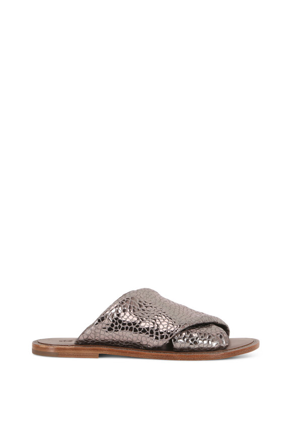 Brunello Cucinelli - Gray Metallic Textured Leather Criss-Cross Sandal