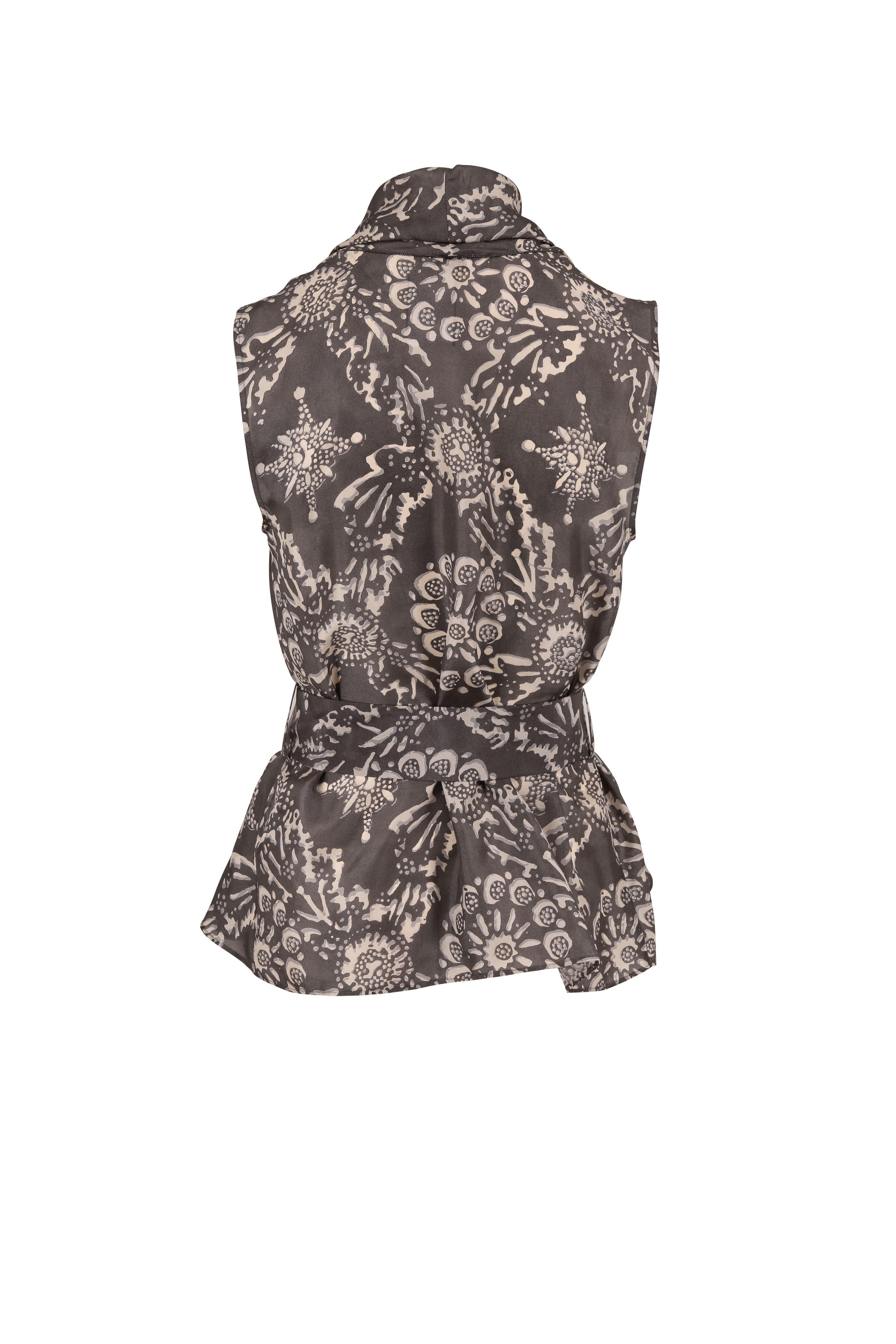 Brunello Cucinelli - Gray Silk Botanical Print Sleeveless Wrap Top