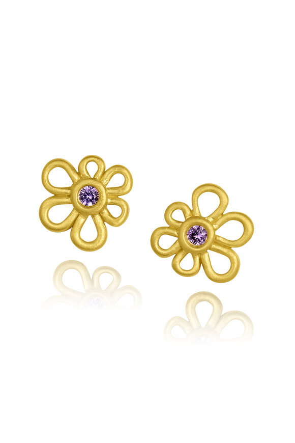 Leigh Maxwell 18k Yellow Gold Purple Sapphire Flower Stud