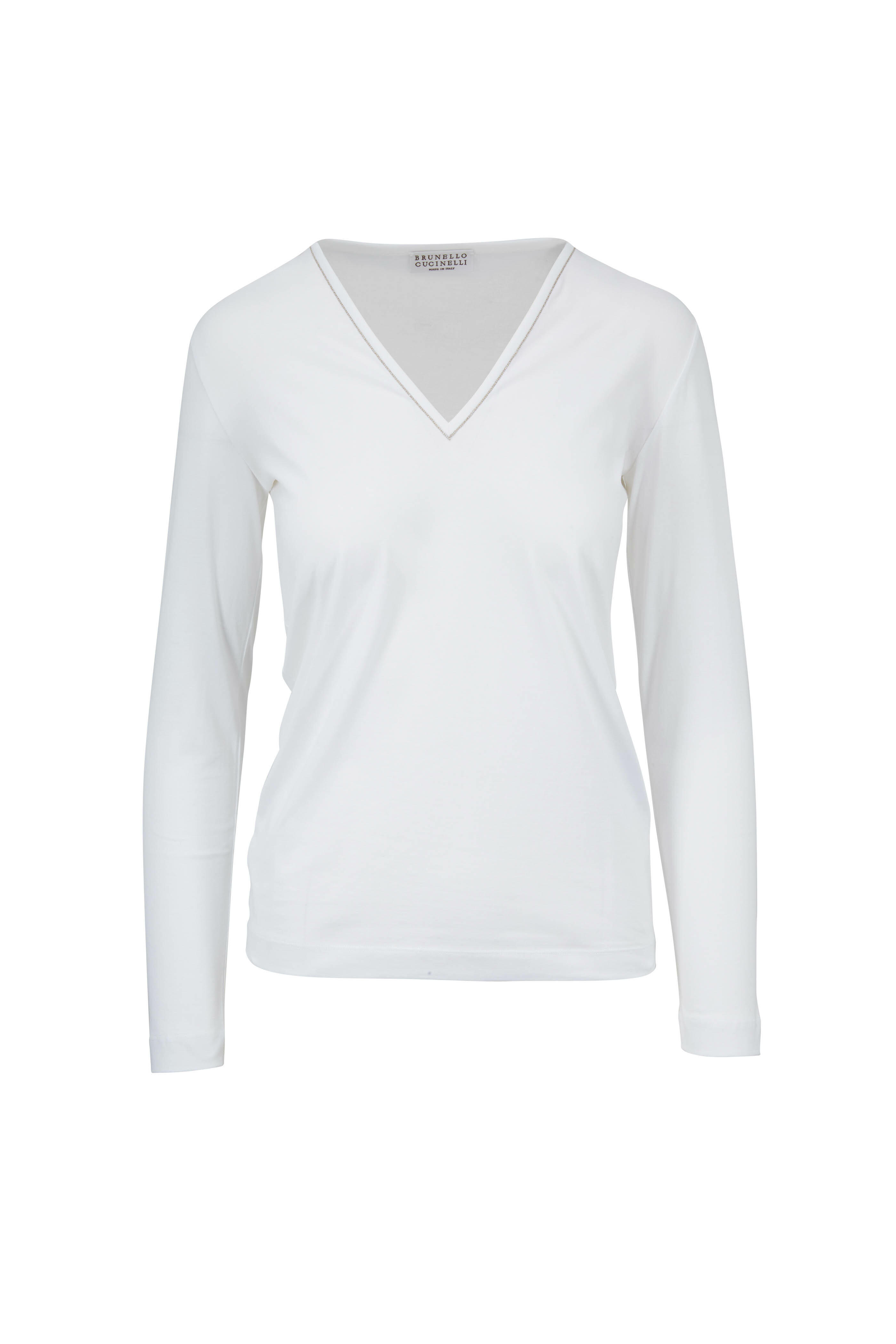海外個人輸入 Cotton White - Cucinelli Brunello Monili Top Sleeve Long V-Neck トップス