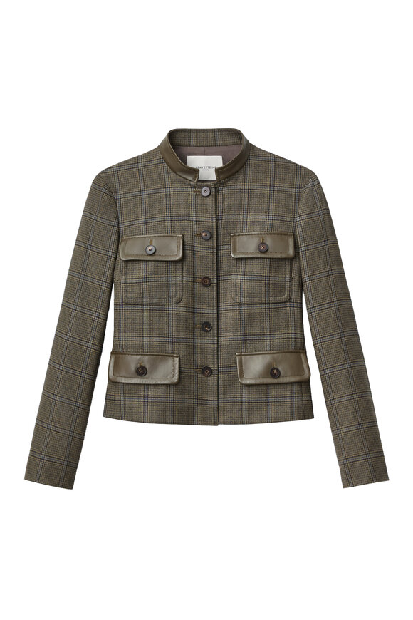 Lafayette 148 New York Olive Green Glen Plaid & Leather Cropped Jacket - view 6