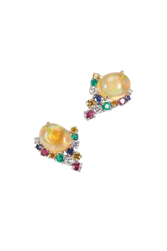 Oscar Heyman - Platinum Opal, Sapphire, Emerald & Ruby Earrings