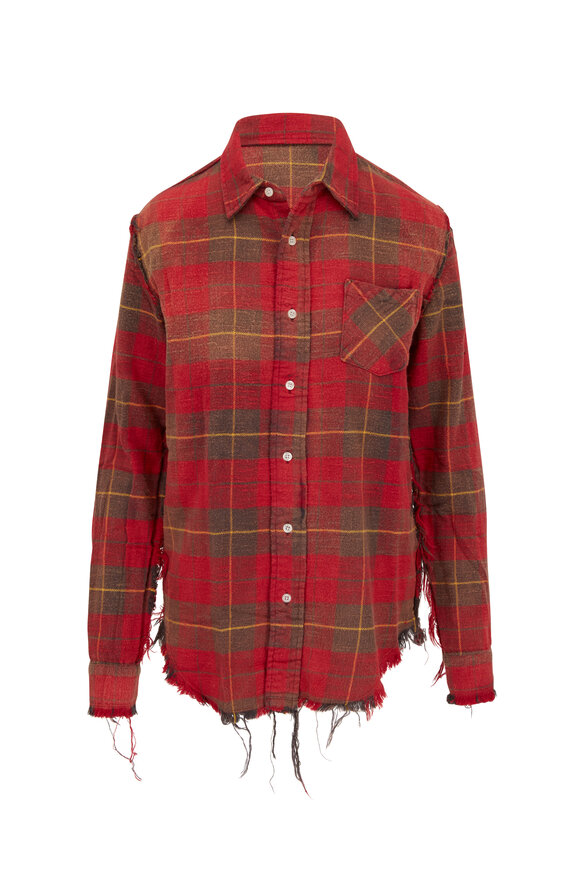 R13 - Red & Gray Plaid Shredded Seam Plaid Shirt 