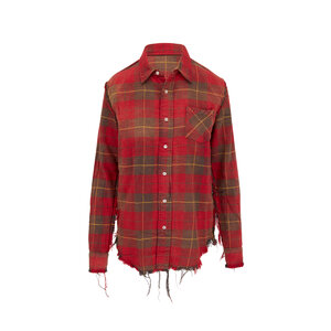 R13 Red Gray Plaid Shredded Seam Plaid Shirt